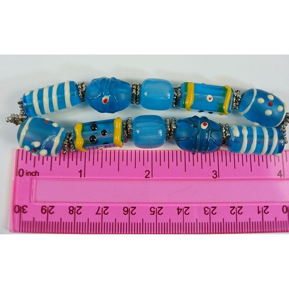 Artisan Handmade Blue Lampwork Glass Bead Stretch Bracelet and Earring Set - Picture 8 of 14